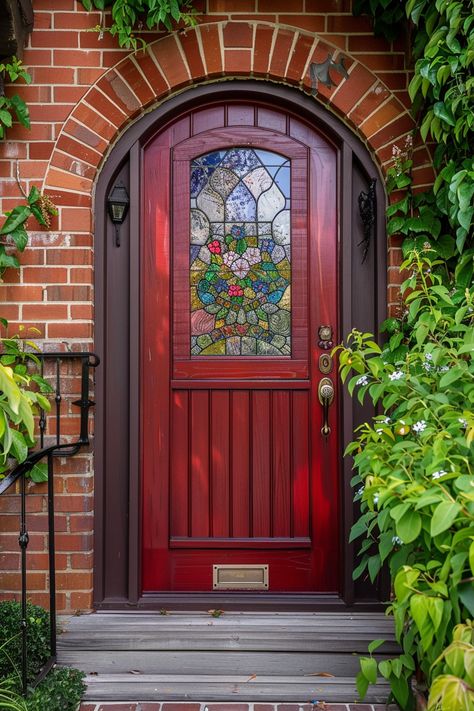 Add vintage charm to your home's entrance with 52 front door color ideas. Choose retro hues for a nostalgic feel. #VintageCharm #FrontDoorColor Refurbished Front Door, European Doors Entrance, Vintage Exterior Doors, Custom Front Doors Entrance, Vintage Front Door Ideas, Pretty Front Doors, Stain Glass Front Door, Red Doors On Houses, Cool Front Doors