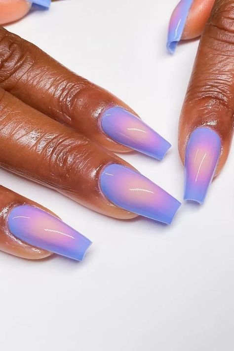 51 aura nails to have the most magical hands ever 26 Nail Ideas Acrylic Colorful, Pink And Blue Holographic Nails, Lapis Lazuli Nails, Blue Opal Nails, Coffin Aura Nails, Pink Pony Club Nails, Space Nails Galaxy, Summer Aura Nails, Lavender Nail Ideas