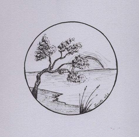 Sunset Sketch, Circle Landscape, Ink Pen Art, Art Drawing Sketch, Scribble Art, Landscape Drawings, Drawing Practice, Ink Pen, Pen Art