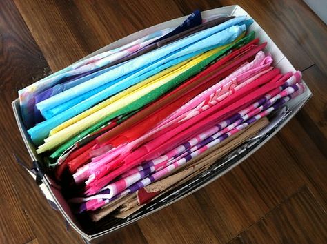 How To Store Tissue Paper, Organize Tissue Paper, Wrapping Room, Tissue Paper Storage, Wrap Storage, Gift Bag Organization, Diy Storage Containers, Organising Ideas, Organize Ideas