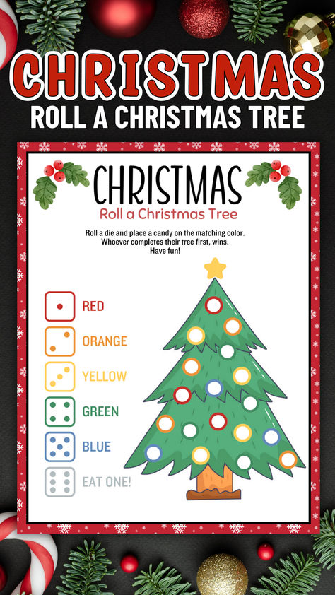 Celebrate the holiday season with our printable "Roll a Christmas Tree" game! Ideal for Christmas parties, family gatherings, or classroom activities, this engaging game invites players to roll the dice and decorate their Christmas tree with various candy. Roll A Christmas Tree, Family Games Christmas, Party Games Family, Games Christmas Party, Christmas Tree Game, Games Christmas, Games Family, Printable Christmas Games, Work Activities