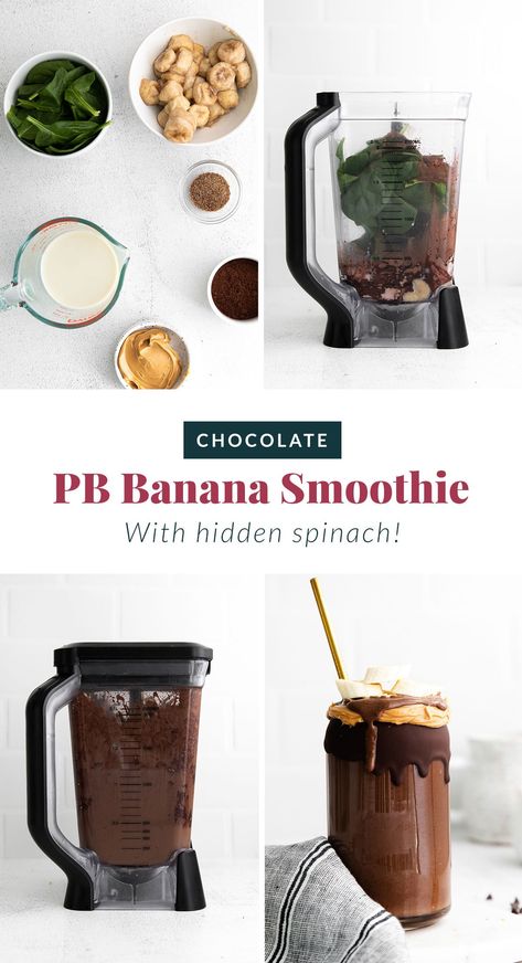 This Chocolate Peanut Butter Banana Smoothie is packed with protein and even has a full serving of greens in it. The best part is, it's healthy and tastes exactly like a peanut butter cup! Chocolate Peanut Butter Banana Smoothie, Breakfast Cravings, Healthy Chocolate Peanut Butter, Banana Spinach Smoothie, Spinach Smoothie Recipes, Cacao Smoothie, Smoothie Guide, Healthy Peanut Butter Cups, Chocolate Banana Smoothie