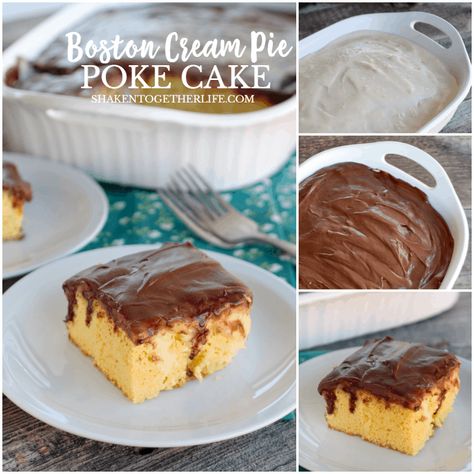 Boston Cream Pie Poke Cake is a simple twist on a classic dessert! Yellow cake is filled with pockets of vanilla pudding, then topped with a smooth chocolate frosting for an easy, addicting dessert! Boston Cream Pie Poke Cake, Boston Creme Pie, Creme Pie, Apple Crumble Pie, Yellow Cake Recipe, Eclair Cake, Creamy Pudding, Pie Crumble, Boston Cream Pie