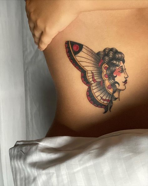 Soft American Traditional Tattoo, American Traditional Wings, American Traditional Mother Tattoo, Traditional Tattoo Of Woman, Traditional Women Tattoo, American Traditional Angel Tattoo, American Traditional Mom Tattoo, American Traditional Woman Tattoo, Feminine American Traditional Tattoos Butterfly