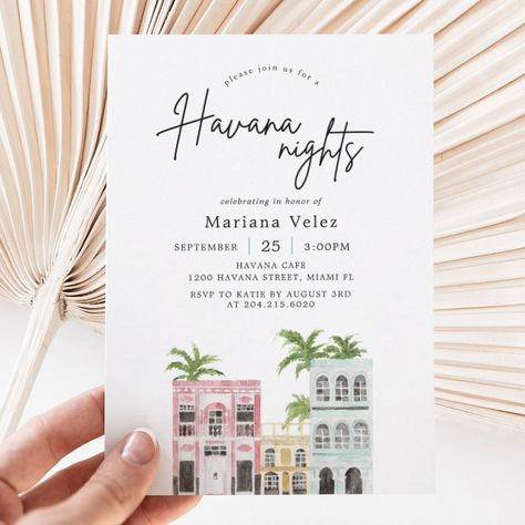 Havana Nights Party | Cuban Theme Birthday Havana Nights Sweet 16, Cuban Birthday Party Ideas, Havana Invitation, Cuban Dresses, Havana Nights Party Attire Women, Cuban Party Theme, Havana Theme Party, Havana Theme, Havana Cafe