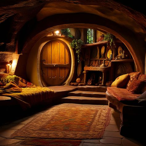 Hobbit Hole Bedroom, Hobbit Core, Hobbit House Interior, Comfy Rooms, Hobbit Homes, Magical Village, Hobbit Holes, Cottagecore House, Log Home Living