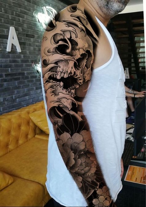 Baby Owl Tattoos, Koi Tattoo Sleeve, Half Sleeve Tattoos Forearm, Skull Sleeve Tattoos, Skull Sleeve, Statue Tattoo, Full Arm Tattoos, Koi Tattoo, Asian Tattoos