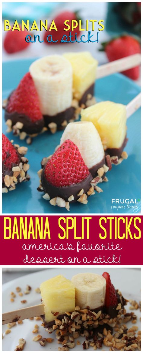 Banana Split Sticks – Dessert on a Stick! Great summertime snack idea, a fun alternative to messy ice cream. #frugalcouponliving #bananasplitsticks #summer #summersnacks #bananasplits #icecream #chocolate #recipes #recipesforkids #kidsrecipes Dessert On A Stick, Pool Snacks, Summertime Snacks, Banana Splits, Fingerfood Party, Summer Snacks, On A Stick, Banana Split, Fruit Snacks