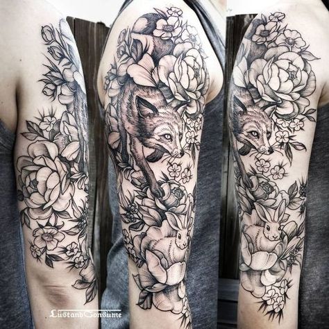 Nature sleeve Tattoo Sleeve Women, Natur Tattoo Arm, Womans Face, Nature Tattoo Sleeve, Rabbit Tattoos, Inspiration Tattoos, Tattoos Skull, Wolf Tattoos, Wolf Tattoo