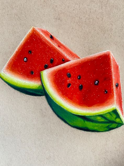 Watermelon Slices Prismacolor Art. Drawing made by Art.By.Cece on instagram Watermelon Slice Drawing, Drawing Ideas Colored Pencil, Watermelon Art Painting, Watermelon Drawing, Colored Pencil Artwork Ideas, Fruit Art Drawings, Watermelon Art, Prismacolor Art, Pencil Artwork