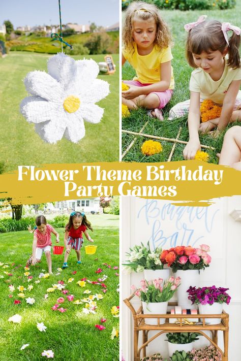 The Prettiest Flower Theme Party Ideas - Fun Party Pop Flower Party Birthday, Birthday Party Ideas Flowers Theme, Pin The Petal On The Flower Game, Pin The Flower On The Stem Game, Flower Birthday Party Crafts, Kids Garden Party Games, Flower Themed Birthday Party Activities, Flower Games For Preschool, Flower Power Party Theme