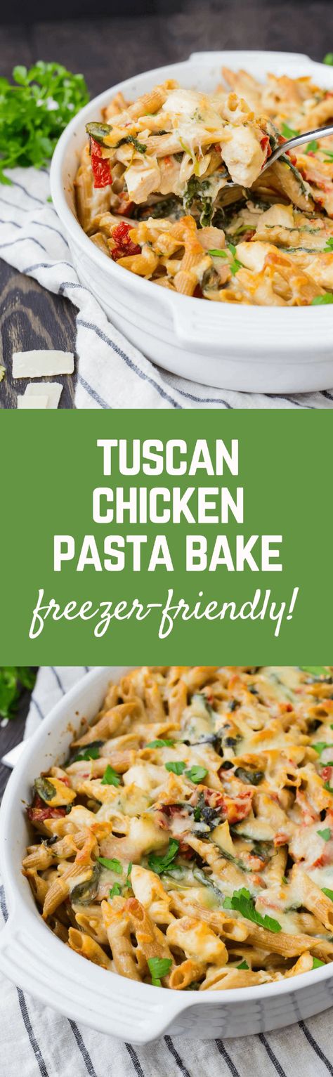 Creamy, flavorful, and healthy, this Chicken Tuscan Pasta Bake is perfect to eat right away or to prep ahead and freeze for another day. Great for sharing with people in need of a meal, too! Get the recipe on RachelCooks.com! Chicken Tuscan Pasta, Chicken Tuscan, Freezer Casseroles, Tuscan Cooking, Tuscan Pasta, College Cooking, Tuscan Chicken Pasta, Freezer Dinners, Freezer Recipes