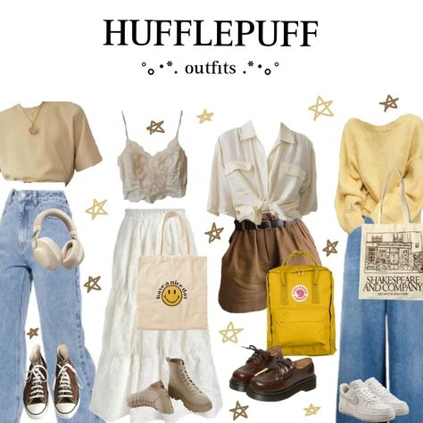 Hufflepuff Casual Outfit, Hufflepuff Outfits Aesthetic, Harry Potter Inspired Outfits Hufflepuff, Hufflepuff Outfit Aesthetic, Hufflepuff Wardrobe, Hufflepuff Inspired Outfits, Hufflepuff Aesthetic Outfits, Honeycore Aesthetic Outfits, Hufflepuff Core