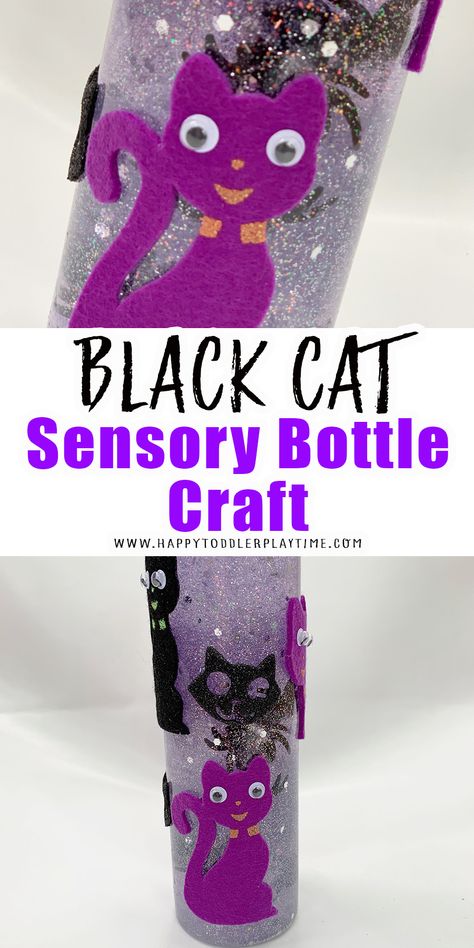 Black Cat Sensory Bottle Craft - HAPPY TODDLER PLAYTIME Bats And Cats Preschool, Ocean Sensory Bottles, Cat Sensory, Cat Games For Kids, Sensory Bottles Preschool, Ocean In A Bottle, Cat Activities, Halloween Lesson Plans, Ocean Sensory