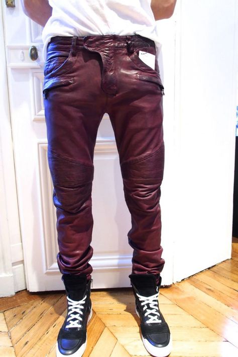 Balmain Burgundy Leather Pants. For pre-order please contact us at info@verticelondon.com  http://www.verticelondon.com/trousers/09bal_burgundy_leather_pants.html Burgundy Leather Pants, Red Leather Pants, Mens Leather Pants, Leather Pant, Avant Garde Fashion, Mens Leather, Colored Leather, Inception, Black Sneakers