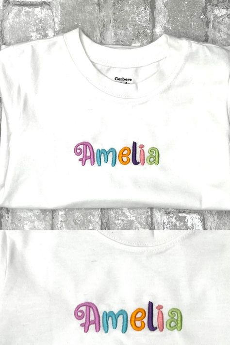 Personalized T-shirt perfect gift, we will embroider name of your choosing and colors of the letters you would like to use. Black T Shirt Embroidery, Print Shop Design, Writing Names, T Shirt Embroidery, Band Tattoos, Forearm Band Tattoos, Embroidery T Shirt, Embroidery Tshirt, Name Embroidery