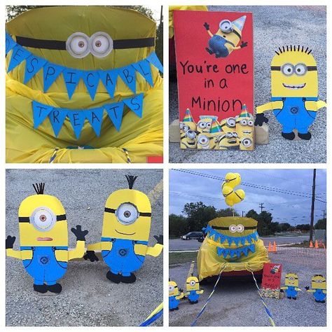 Made this minion trunk or treat for our church outreach! Minion Float Parade, Minion Themed Trunk Or Treat, Minion Parade Float Ideas, Minions Trunk Or Treat Ideas, Minion Trunk Or Treat, Despicable Me Trunk Or Treat, Minions Trunk Or Treat, Minion Trunk Or Treat Ideas, Halloween Softball