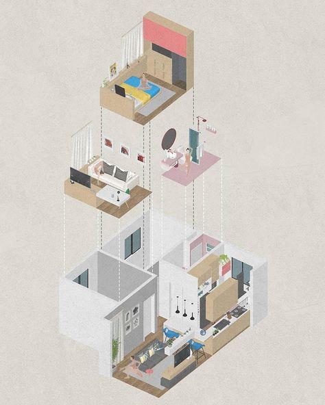 The Archi/ologist on Instagram: “Awesome drawing by @beto_me_arremessa // Want to submit your work? Go to thearchiologist.com! ・・・ PROJETO DE INTERIORES PARA APARTAMENTO…” Interior Presentation, Axonometric Drawing, Architectural Illustration, Interior Design Student, Concept Models Architecture, Interior Architecture Drawing, Architecture Presentation Board, Stairs Architecture, Interior Design Presentation