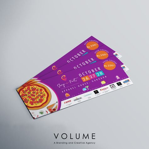 Entry passes designed for Shop-e-Fest, a three day event bridging the gap between customers and their favourite online fashion brands by providing an offline space, full of multi-cuisine food and dazzling musical performances.    #Branding #creativeagency #advertisingagency #marketingstrategy #creativeadvertising #reflectinggrowth #VOLUME Entry Pass Design, Event Pass Design, October Food, Food Coupon, Advertising Agency, Event Food, Creative Advertising, Creative Agency, Marketing Strategy