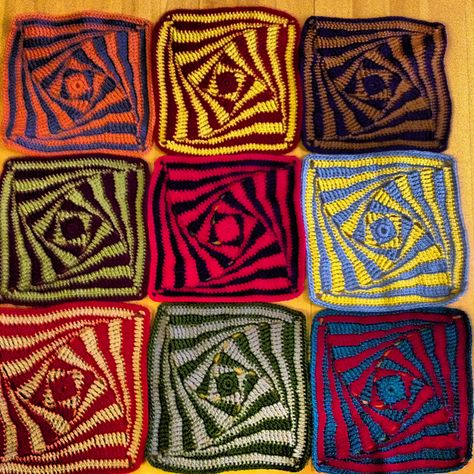 Ravelry: Project Gallery for On the Huh Crochet Square pattern by Jacqui Goulbourn Crochet Eye Granny Square Free Pattern, Afghan Crochet Squares Patterns, Afghan Blocks Crochet, Two Colored Granny Square, Spiral Square Crochet, Grammy Square Crochet Pattern, Aesthetic Granny Square Pattern, Interesting Granny Square Patterns, Granny Square Designs Blankets