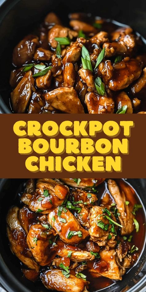 Crockpot Bourbon Chicken  Ingredients:  1 ½ lbs boneless, skinless chicken thighs ½ cup bourbon ½ cup soy sauce ¼ cup ketchup ¼ cup apple cider vinegar ½ cup brown sugar 1 tsp minced garlic 1 tsp grated ginger ½ tsp crushed red pepper flakes 2 tbsp cornstarch 2 tbsp water Cooked white rice for serving Green onions for garnish  #Crockpot #Bourbon #Chicken Mall Bourbon Chicken Recipe, Mall Bourbon Chicken, Honey Bourbon Chicken, Bourbon Chicken Crockpot, Sweet Hawaiian Crockpot Chicken Recipe, Bourbon Chicken Recipe, Honey Bourbon, Bourbon Chicken, Crockpot Dishes