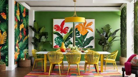 Bright Colored Dining Rooms Vibrant Dining Room, Colourful Dining Room, Eclectic Dining Room, Eclectic Dining, Yellow Chair, Statement Chandeliers, Dining Room Colors, Pastel Palette, Sunny Yellow