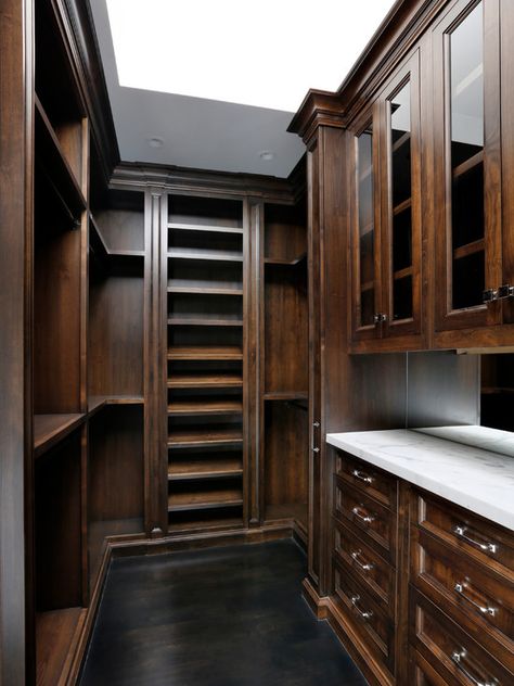 Mahogany Walk In Closet, Walk In Closet Rustic, Rustic Walk In Closet, Dark Wood Closet, Wood Dressing Room, Transitional Closet, Mahogany Cabinet, Calcutta Marble, Contemporary Closet