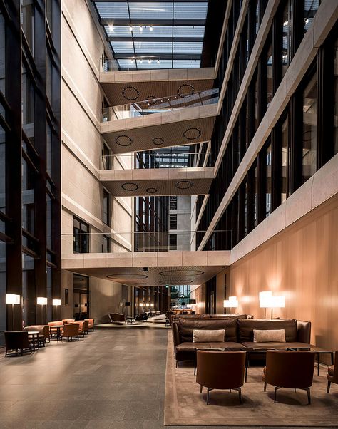 This is not a hotel: overcoming design boundaries with timeless materials - News - Frameweb Office Building Lobby, Atrium Design, Building Lobby, Antonio Citterio, Lobby Interior, Occasional Tables, Oscar Niemeyer, Lobby Design, Lounge Area