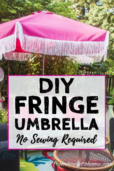 I love fancy patio umbrellas, but they're so expensive! Which is where this tutorial for making your own DIY fringe patio umbrella comes in handy. It's a great way to add some glam to your deck or patio even if you're on a budget. #fromhousetohome #deck #patio  #decks #diydecorating #outdoordecor Fringe Patio Umbrella, Umbrella Tutorial, Fringe Umbrella, Umbrella With Fringe, Victorian Picnic, Diy Glam Decor, Pink Patio, Patio Umbrella Lights, Diy Fringe