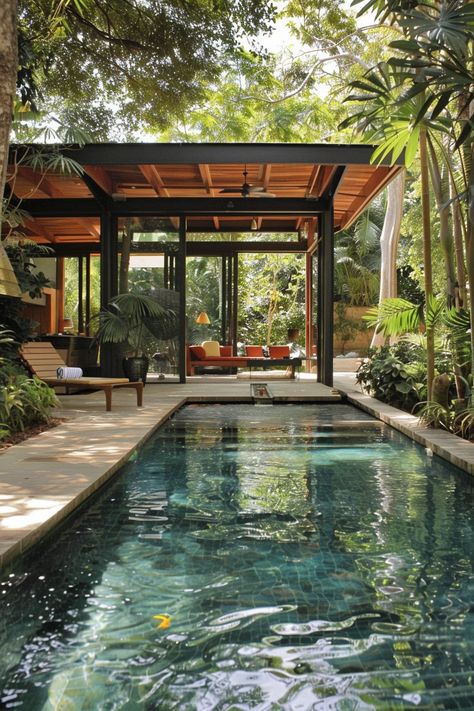 13 Creative Backyard Pool Designs You Need To Try - DreamyHomeStyle Gazebo Pool Ideas, Unique Pool Ideas, Beautiful Pools Backyard Luxury, Pool With Shade Structure, Mid Century Pool Area, Pool Lanai Ideas, Drop In Pools, Pool Trends 2024, Pool Renovation Ideas