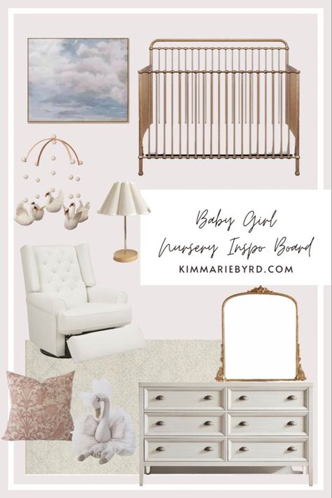 Gold Iron Crib Nursery, Nursery With Brass Crib, Gold Metal Crib Nursery, Swan Themed Nursery, Girl Nursery Ideas Vintage, Brass Crib Nursery, Swan Nursery Theme, Swan Theme Nursery, Gold Crib Nursery Girl