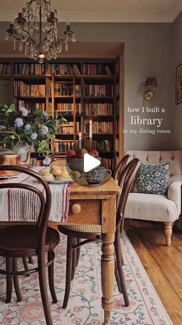 Elle Hervin on Instagram Dining Room Library Combo Small, Dining Room Multipurpose Ideas, Dining Room With Bookshelves, Bookshelves In Dining Room, Library Dining Room Combo, Farrow Ball Treron, Bookcase Dining Room, Built In Library Wall, Dining Room Turned Library