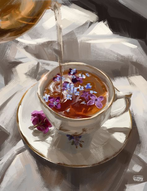 Coffee In Teacup, Teacup Oil Painting, Aesthetic Coffee Painting, Tea Painting Art, Tea Cups Painting, Espresso Painting, Cup Of Tea Painting, Teacup Photography, Tea Oil Painting