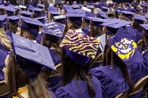 Grad Time Purple Graduation Gown, Lsu Graduation, Graduation Gown And Cap, Purple Graduation, Grad Hat, Graduation Cap And Gown, College Acceptance, Grad Cap Designs, Graduation Pics