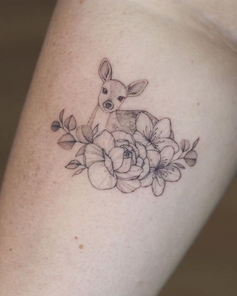 Deer And Sunflower Tattoo, Doe Deer Tattoo, Fawn Tattoo Design, Animals And Flowers Tattoo, Sleeping Fawn Tattoo, Tiny Deer Tattoo, Small Deer Tattoos For Women, Doe And Fawn Tattoo, Animal Floral Tattoo