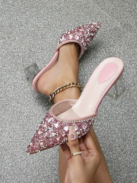 Whimsical Shoes, Shoe Makeover, Rhinestone Pumps, Shoes For Ladies, Transparent Heels, Denim And Diamonds, Rhinestone High Heels, Crystal Heels, Fancy Shoes