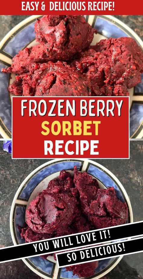 This Frozen Berry Sorbet is a refreshing and healthy treat made with just one ingredient: frozen berries. Perfect for a quick dessert, this sorbet is easy to make in a food processor and offers a burst of natural berry flavor. Enjoy this guilt-free, delicious frozen delight any time of the year. Frozen Berries Dessert, Berry Sorbet Recipe, Mixed Berry Sorbet, Mixed Berry Dessert, Homemade Sorbet, Dessert Sandwich, Strawberry Cake Easy, Sorbet Is, Sorbet Recipe