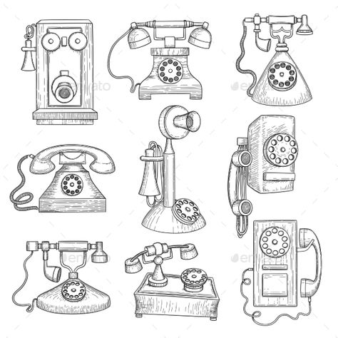 Old Fashioned Telephone Drawing, Retro Telephone Drawing, Old Things Drawing, Retro Telephone Illustration, Landline Phone Tattoo, Old Telephone Tattoo, Vintage Telephone Drawing, Vintage Things To Draw, Old Telephone Drawing