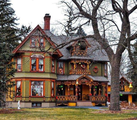 Constructed in 1891, this Eastlake - Queen Anne Style house was built for William and Abby Wing, who contributed greatly to Elgin's development in the 19th century. At the time, the home was considered the most elegant home in the Fox Valley designed by notable architect, Smith Hoag. The Wing Mansion was designated a local historic landmark in April, 2017. Victorian House Exterior, Queen Anne Victorian House, Elgin Illinois, Victorian Homes Exterior, Queen Anne House, Queen Anne Victorian, Historical Homes, Sunken Living Room, Cottage Aesthetic