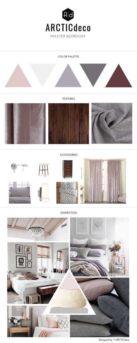 ARCTICdeco.com: Master bedroom mood board Brown Bedroom Mood Board, Main Bedroom Mood Board, Pink Bedroom Mood Board, Master Bedrooms Mood Board, Traditional Interior Design Bedroom, Modern Bedroom Mood Board, Room Perspective, Dark Brown Bedrooms, Bachelor Bedroom