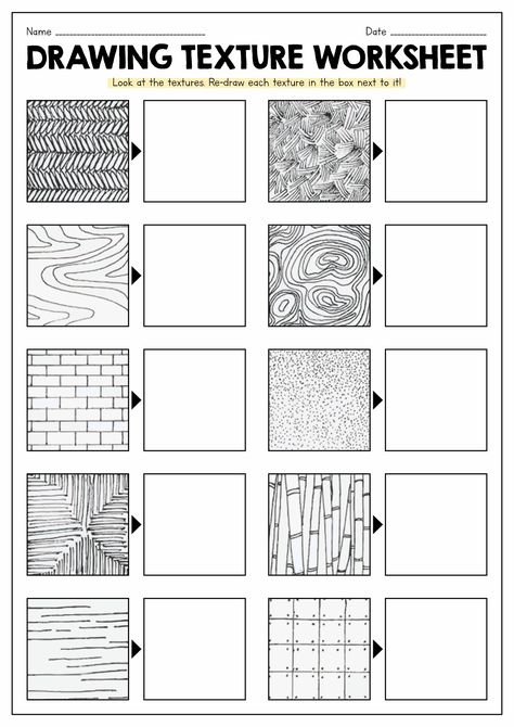 Drawing Texture Worksheet Texture Worksheet, Drawing Texture, Classe D'art, Art Handouts, Arte Doodle, Middle School Art Projects, Art Lessons Middle School, Texture Drawing, Classroom Art