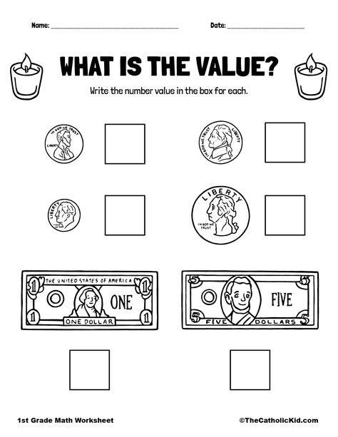 What is the Value Money Worksheet - TheCatholicKid.com Money Math Worksheets, Money Value, Learning Money, Measurement Worksheets, Catholic Homeschool, Money Math, Money Worksheets, Math Interactive, 1st Grade Math Worksheets