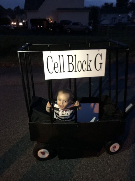 Best wagon jail cell ever! Thanks Hubs😘 #KidsHalloween #halloweencostumes #KidsCostumes #JailCell #DIYWagon #DYIHalloween#BabyHalloweenCostumes #BadBaby #BabyInmate #InmateCostume #BestHalloweenCostume Jail Cell Trunk Or Treat, Wagon Costume, Baby Jail, Best Wagons, Halloween Maze, Jail Cell, Kids Wagon, Ugly Sweater Party, Toddler Halloween