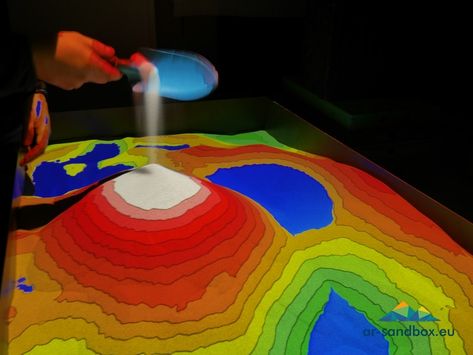 Standard sand Projection is smoother on standard sand Science Centers, Map Games, Hills And Valleys, Unity 3d, Projection Mapping, Sand Art, Science Center, Sandbox, Color Blending