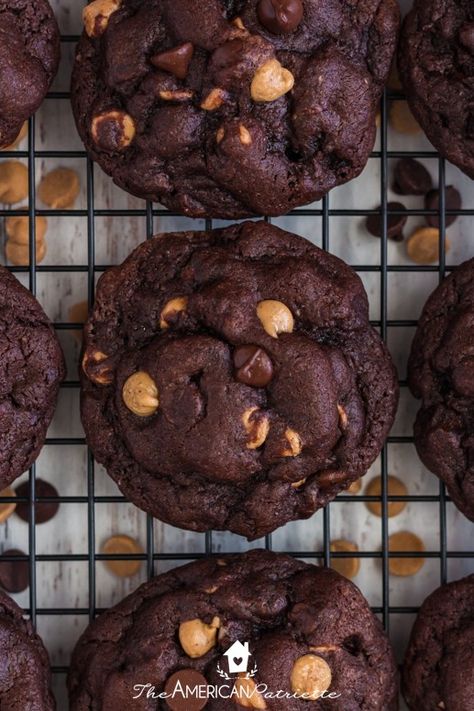 The BEST Chocolate Cookies with Reese's Peanut Butter Chips Double Chocolate Chip Peanut Butter Cookie Recipe, Chocolate Cookie Peanut Butter Chips, Reeses Chips Cookies, Chocolate Reese’s Pieces Cookies, Chocolate Cookie With Peanut Butter Chip, Chocolate Reeses Pieces Cookie, Peanut Butter Chocolate Chip Recipes, Chocolate Cookies Peanut Butter Chips, Reese’s Peanut Butter Chocolate Cookies