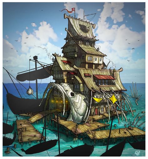 Sea Village Concept Art, Ship House Concept Art, Pirate Tavern Concept Art, Pirate Village Concept Art, Fishing Village Concept Art, Pirate Dock, Pirate Village, Pirate Tavern, Fantasy Tavern