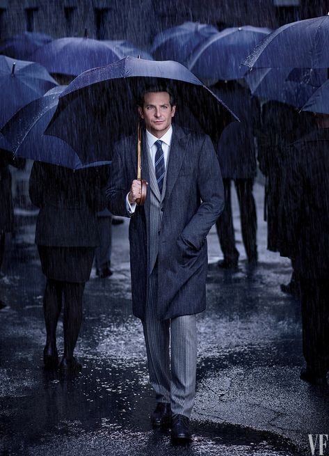 Bradley Cooper Ventures Far Outside His Comfort Zone in American Sniper Celeb Portraits, Sam Jones, Vanity Fair Magazine, Umbrella Man, Under The Rain, Under My Umbrella, Pinstripe Suit, Bradley Cooper, Sharp Dressed Man