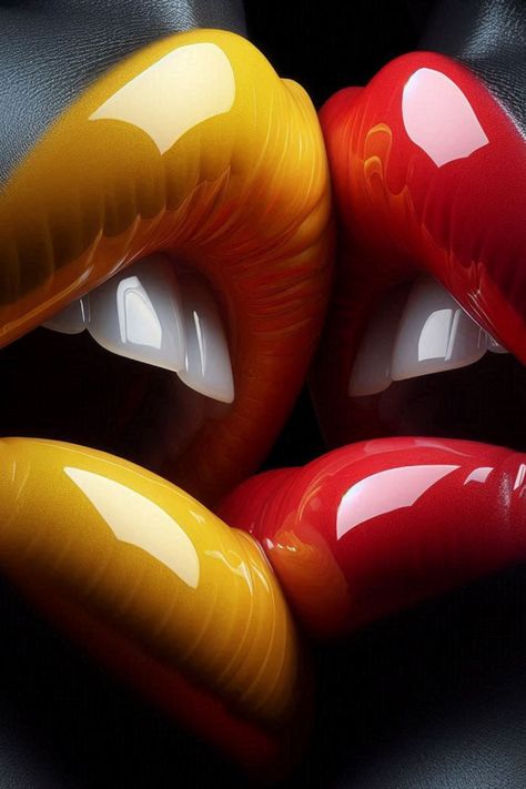 create a hyper realistic image of a two lips with glossy shiny vibrant yellow lips, and glossy shiny vibrant red , each other biting softly lip , background dark , ultra HD 64k hyperrealism studio lightning light reflection Lip Art Painting, Yellow Lips, Lip Background, Lips Wallpaper, Lip Pictures, Lip Artwork, Lips Art Print, Lips Photo, Lips Art