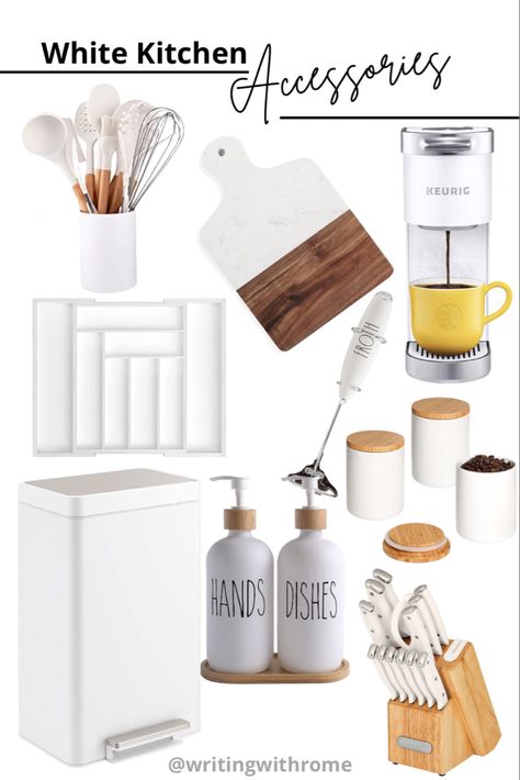 Amazon finds, Amazon home, white kitchen, kitchen accessories, white kitchen decor, wooden kitchen decor, kitchen utensils, marble cutting board, white Kuerig, white utensils drawer organizer, white kitchen trash can, kitchen knife set with sharpener, milk frother, white kitchen jars, soap dispensers, dish soap dispenser, wooden kitchen accessories, aesthetic home, farmhouse kitchen decor, rae dunn decor, home decor ideas, kitchen decor White Kitchen Accessories, Wooden Kitchen Accessories, Utensil Drawer Organization, Utensil Drawer, White Kitchen Decor, Dish Soap Dispenser, Kitchen Jars, Kitchen Trash Cans, Knife Set Kitchen