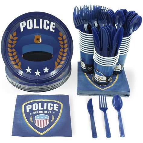 PRICES MAY VARY. Police Party Supplies: This pack includes 24 of the following: paper plates, napkins, cups, knives, forks, and spoons; paper cups hold approximately 250 milliliters of liquid; Napkins are 2-ply and measure 13 x 13 inches when unfolded and measures 6.5 x 6.5 inches folded; Plates are 9 inches in diameter; 144 pieces in total Law Enforcement Theme: The paper plates, cups, and napkins each feature unique designs ranging from cop cars, uniforms, and badges all over a navy blue backg Police Officer Party, Police Themed Birthday Party, Police Officer Birthday, Police Birthday Party, Police Party, Police Birthday, Plastic Party Plates, Birthday Party Set, Party Bundles